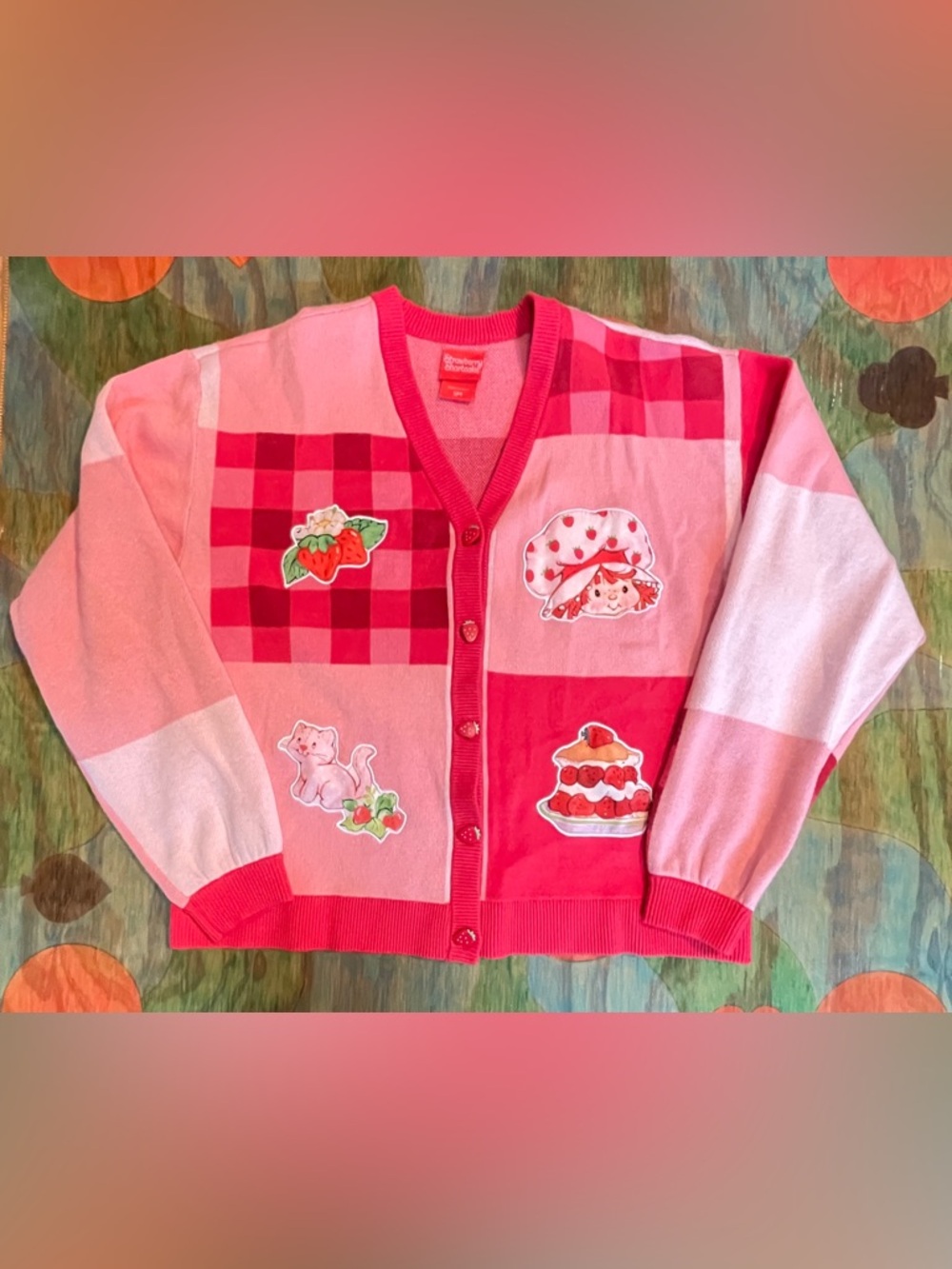 Strawberry Shortcake Cardigan Sweater Pink Gingham Check Patchwork Womens